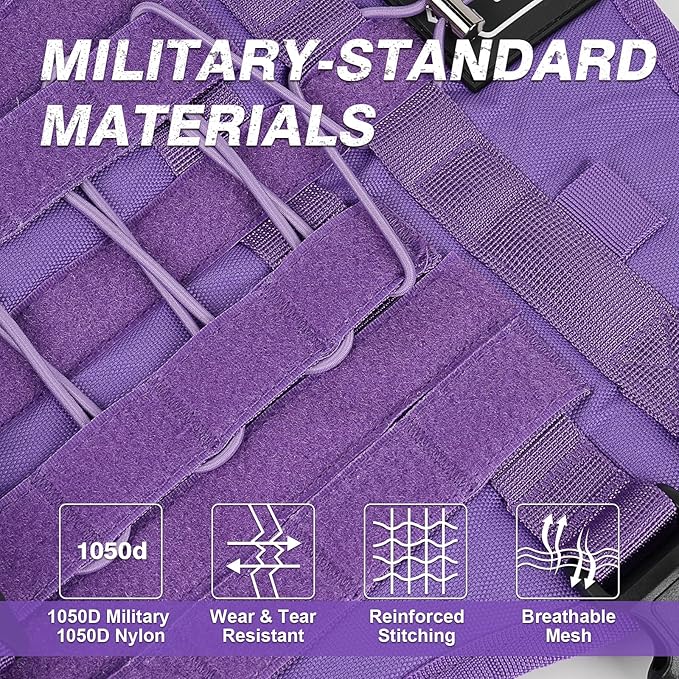 No Pull Tactical Dog Harness for Small Dogs, Escape Proof Molle Dog Vest Harness and Leash Set, Adjustable Military Service Dog Harness with Handle for Medium Large Dogs(Purple, Medium)
