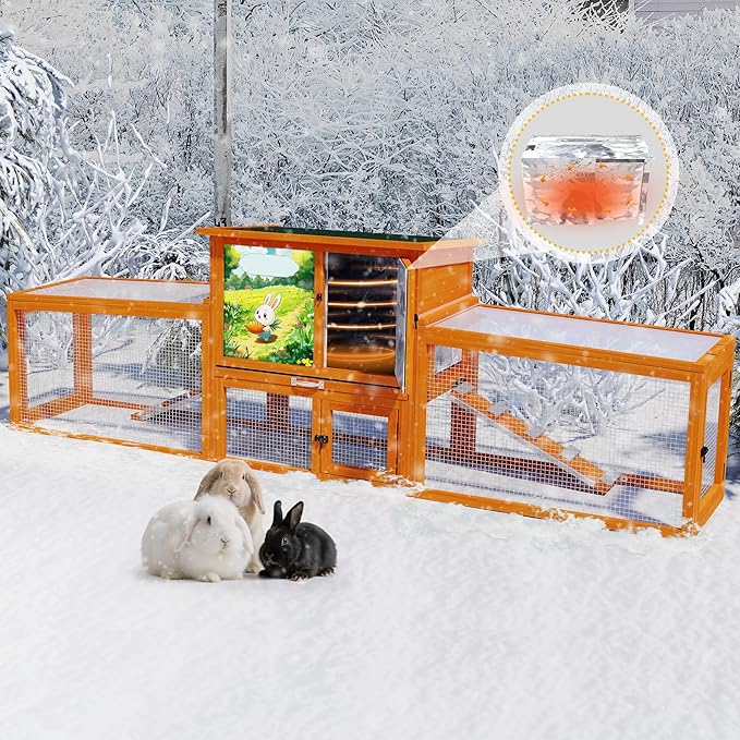 COZIWOW Large Wooden Rabbit Hutch Outdoor Indoor Bunny Cage, 2-Level Small Animal House Enclosure with All-Covered Sloped Roof (Orange)