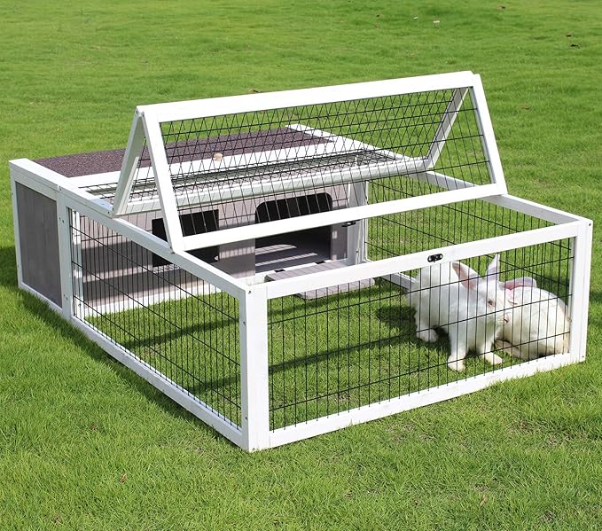 Tortoise House Habitat Wooden, Chicken Coop with Run Rabbit Hutch Small Animal Hutch Enclosure Indoor/Outdoor-Grey + White Trim