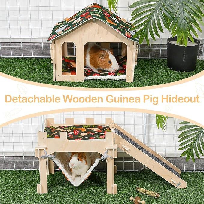 Bienbee Guinea Pig Hideout, Large Wooden Guinea Pig Castle with Stair, Hammock and Mat, Detachable Double-Decker Guinea Pigs House for Bunny Hamster Chinchilla Ferret Rabbit Guinea Pigs Accessories