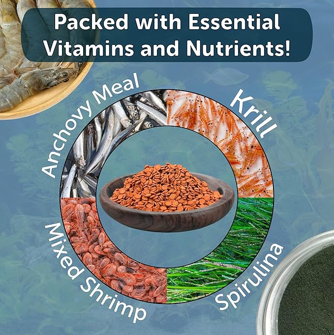 Aquatic Foods Inc. 3.5mm - 1/8" Micro Sinking Color Enhancing Wafers for Bottom Fish, Plecos, Catfish, Shrimp, Snails, All Tropical Fish, 4-Type Wafer & 12-Type Pellet Mix Included...10oz Canister