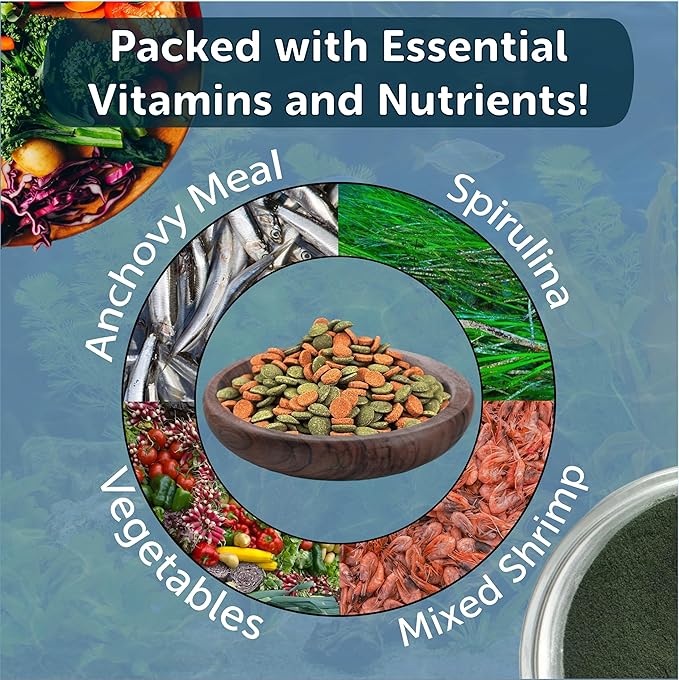 Aquatic Foods Inc. 8mm - 1/3" Small Sinking Wafers of Spirulina, Algae & Color Enhancing Wafers for Bottom Fish, Shrimp, Snails & Tropicals 4-Type Wafer & 12-Type Pellet Mix Included..6oz Canister