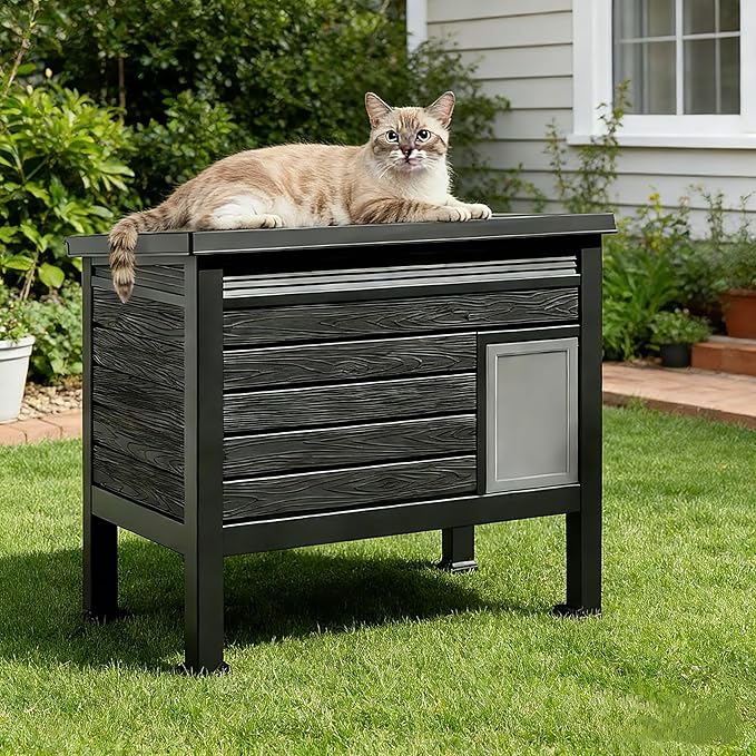 Outdoor Cat House,Weatherproof Feral Cat Shelter with Rasied Floor &Windscreen,Insulated Outdoor Cat House for Feral Cats,Rabbits,Multiple Small Animals(Black)