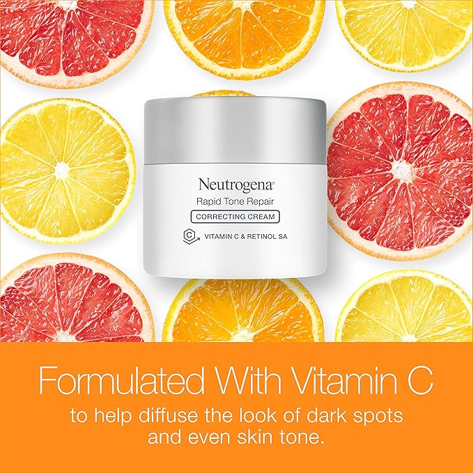 Neutrogena Rapid Tone Repair Retinol + Vitamin C Correcting Cream, Face Moisturizer with Retinol, Hyaluronic Acid & Vitamin C for Dark Spots & Discoloration, 1.7 oz
