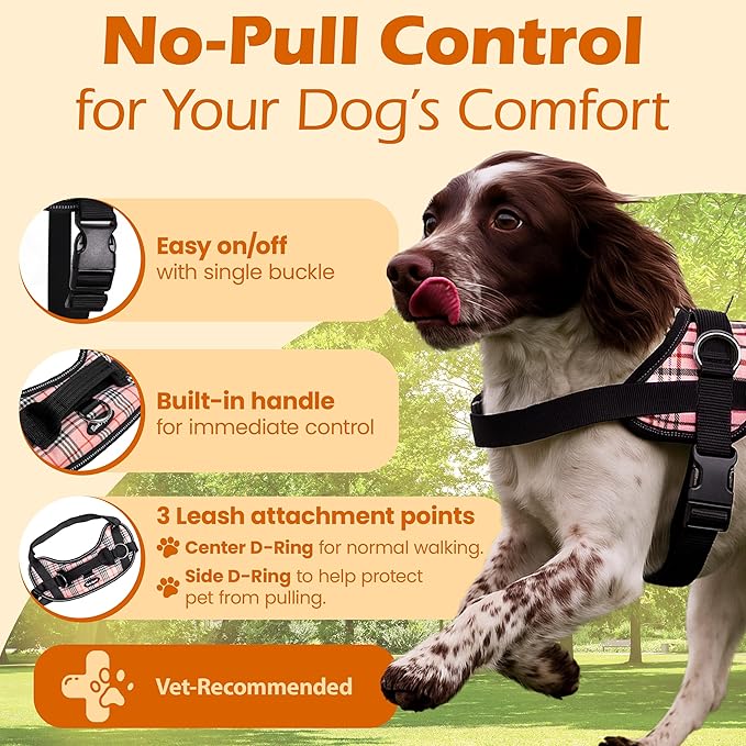 Bark Appeal Pink Plaid No-Pull Dog Harness for Medium to Large Sized Pets – Adjustable, Reflective Vest with 3 Leash Clips for Added Control, Easy Walks & Training – Large