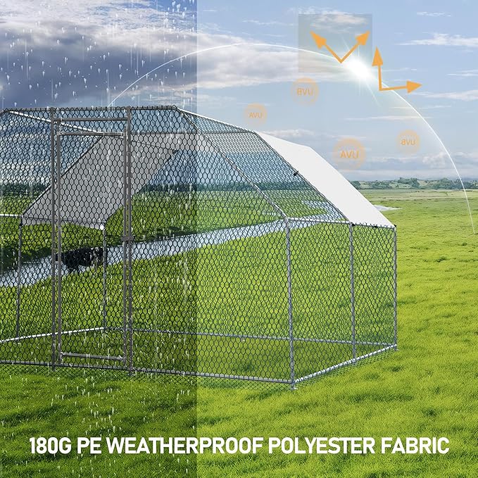 VINGLI Chicken Coop, 13.1x9.8x6.5 ft Large Metal Poultry Cage for Chicken Run, Walk-in Chicken Pen with Waterproof & Anti-UV Cover for Yard Outdoor (Silver-Flat Roof)