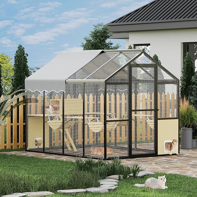 Aluminum Extra Large Outdoor Catio Enclosure for Multiple Cats – Walk-in Cat Run with Channels, Side Door, UV-Proof Cover & Platform