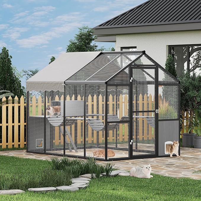 Aluminum Extra Large Outdoor Catio Enclosure for Multiple Cats – Walk-in Cat Run with Channels, Side Door, UV-Proof Cover & Platform
