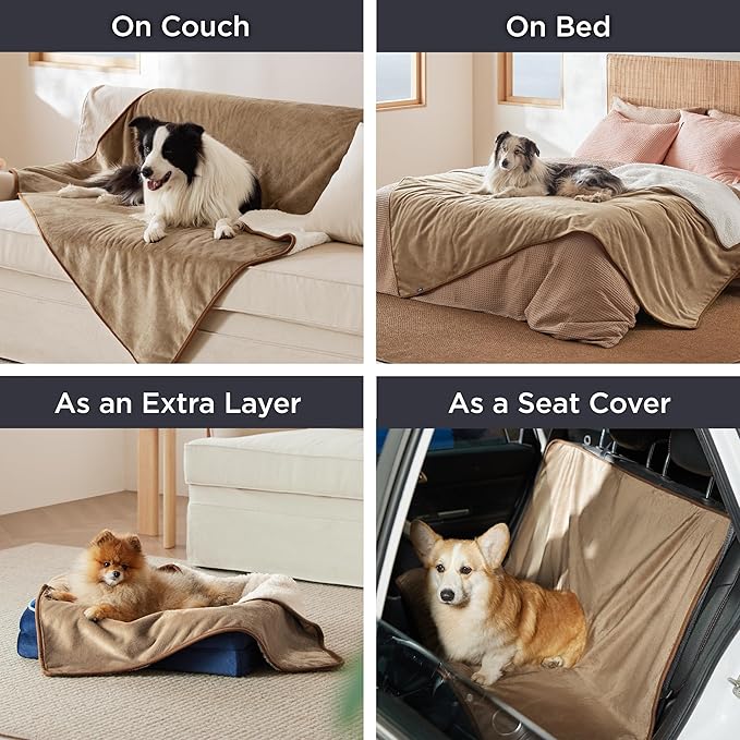 Bedsure Waterproof Dog Blankets for Medium Dogs - Medium Cat Blanket Washable for Couch Protection, Sherpa Fleece Puppy Blanket, Soft Plush Reversible Throw Furniture Protector, 30x40, Camel