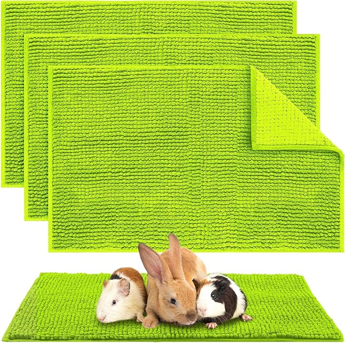 Amylove 4 Pcs Guinea Pig Cage Liner Guinea Pig Bedding Dog Door Mat for Muddy Pet Paws Washable Chenille Pee Pads Small Animal Sleeping Bed for Bunny Hamster(16 x 24 Inch,Rectangular,Green)