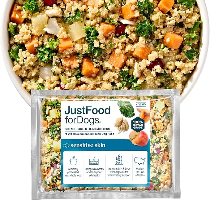JustFoodForDogs Sensitive Skin Dog Food, Frozen Fresh Pet Meals and Toppers for Skin and Coat, Human Grade, Fortified with Omega 3, Highly Digestible, White Fish - 18-oz, 21 Pack