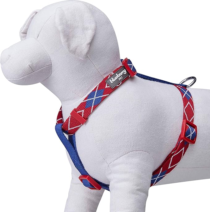 Blueberry Pet Scottish Argyle Dog Harness, Merlot Red, Large, Adjustable Harnesses for Dogs