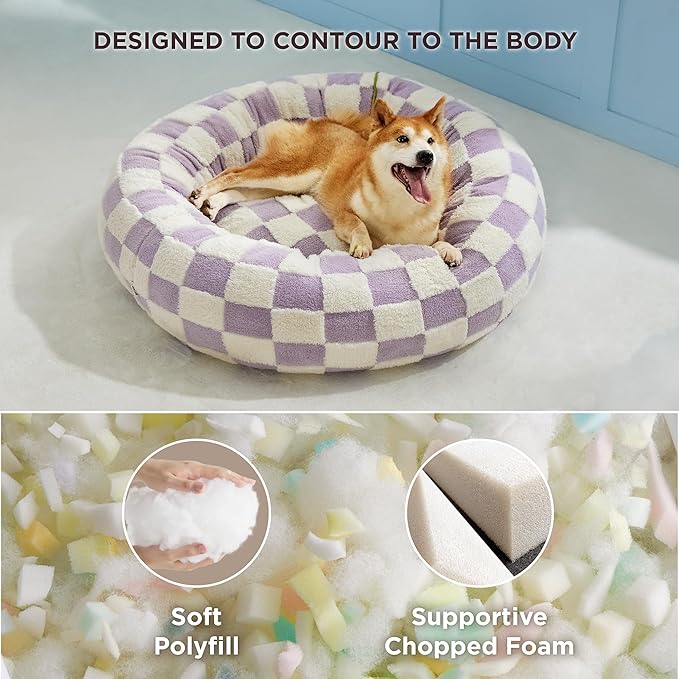 Lesure Shown on TV Donut Large Dog Bed - XL Round Cat Beds Indoor Anti-Anxiety Calming Christmas Bed Present for Pets, Washable Cute Bed with Jacquard Shaggy Plush & Anti Slip Bottom, 36 Inch, Purple