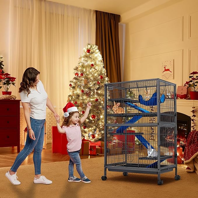 HABUTWAY 50''H Metal Small Animal Cages, Rolling Chinchilla Cage with Removable Ramps, Lagre Critter Nation Cage for Chinchillas/Guinea Pigs/Rabbit, Ferret Cages with Hammock & 5 Tiers, Black