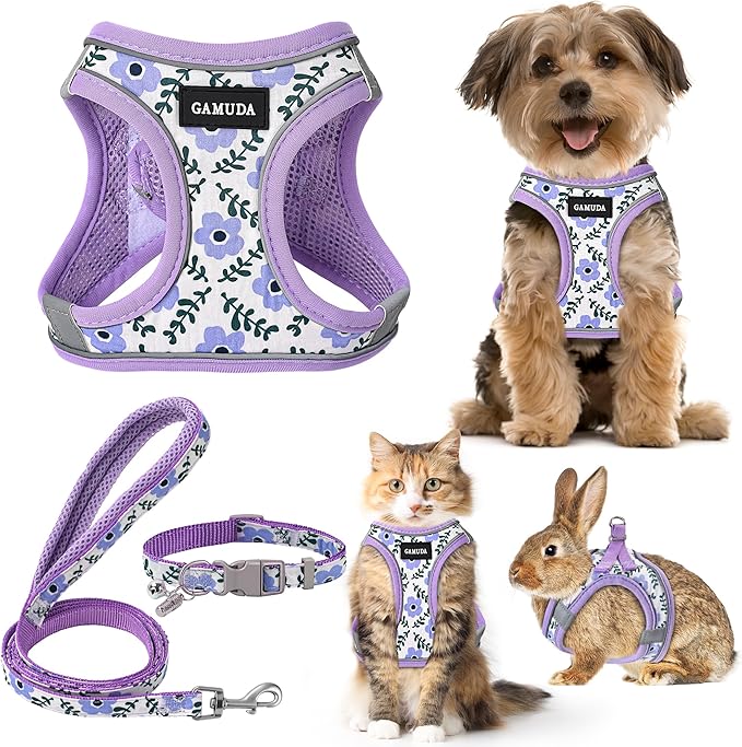 GAMUDA Small Dog Harness Collar and Leash Set, Step in No Chock No Pull Soft Mesh Adjustable Dog Vest Harnesses Plaid Reflective for Dogs Puppy Cats Kitten Rabbit (Purple Flower, XXXS)