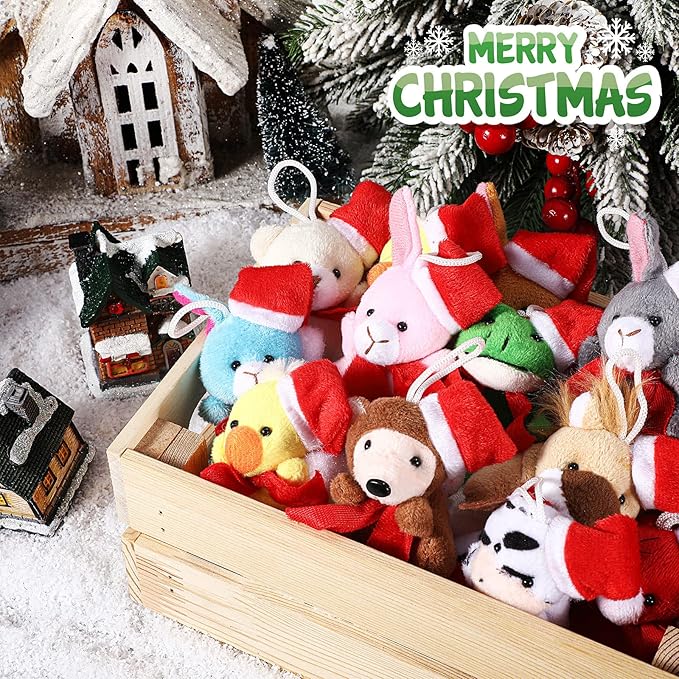 Skylety 50 Pcs Mini Christmas Stuffed Animals Bulk Small Christmas Tree Decorations Tiny Cute Plush Keychain Doll Toy for Holiday Xmas Party Favor Gift Classroom Prizes(Santa Style,Cute Color)
