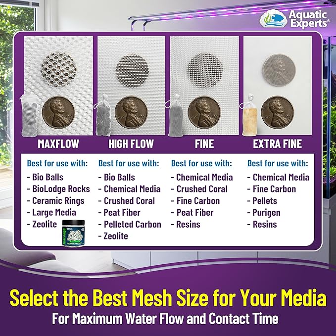 Aquatic Experts Fine Aquarium Media Bag, Durable Drawstring Bags for Fish Tank Filters, 450 Micron Mesh, (Fine, 5" x 9" - 4 Pack)