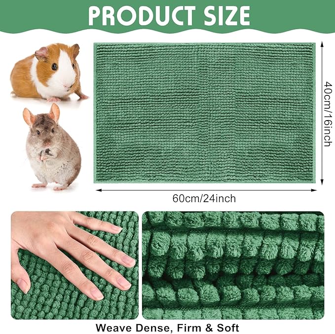 Amylove 4 Pcs Guinea Pig Cage Liner Guinea Pig Bedding Dog Door Mat for Muddy Pet Paws Washable Chenille Pee Pads Small Animal Sleeping Bed for Bunny Hamster(16 x 24 Inch,Rectangular,Dark Green)