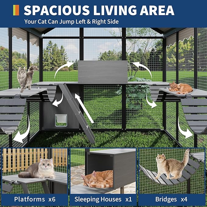 Aluminum Extra Large Outdoor Catio Enclosure for Multiple Cats – Walk-in Cat Run with Channels, Side Door, UV-Proof Cover & Platform