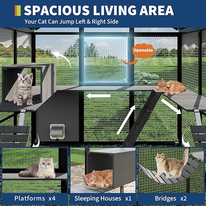 Aluminum Extra Large Outdoor Catio Enclosure for Multiple Cats with Upgrade Window – Walk-in Cat Run with Channels, Side Door, UV-Proof Cover & Platform
