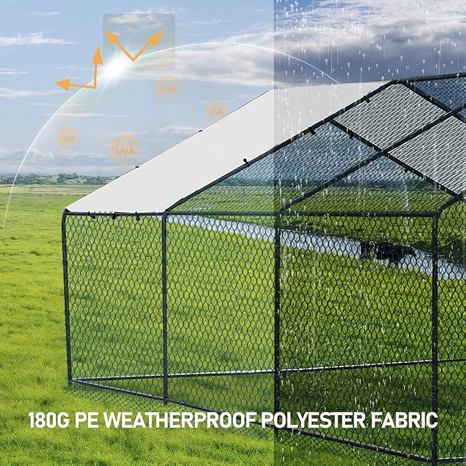 VINGLI Chicken Coop, 19.7x9.8x6.5 ft Large Metal Poultry Cage for Chicken Run, Walk-in Chicken Pen with Waterproof & Anti-UV Cover for Yard Outdoor (Black-Spire Roof)