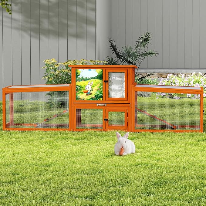COZIWOW Large Wooden Rabbit Hutch Outdoor Indoor Bunny Cage, 2-Level Small Animal House Enclosure with All-Covered Sloped Roof (Orange)