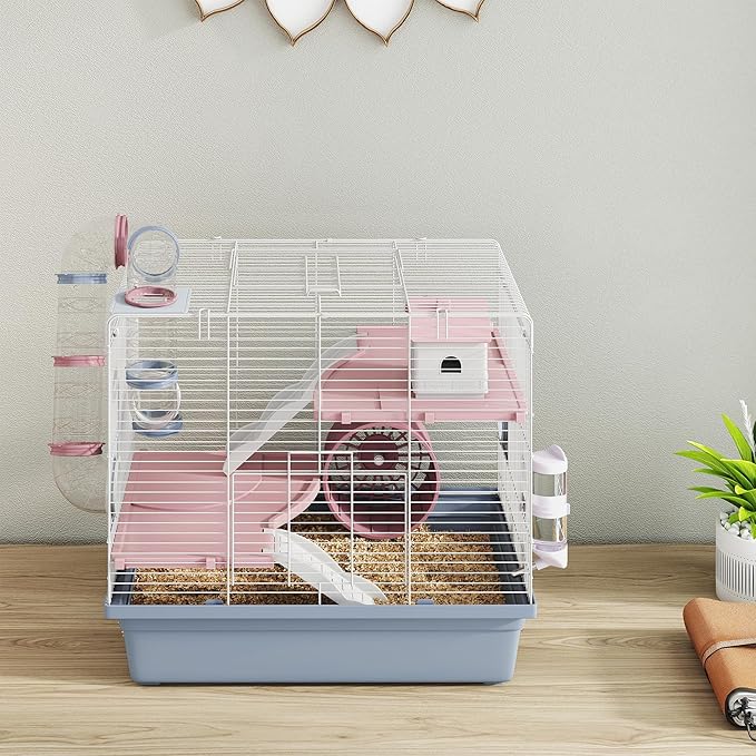 PawHut Hamster Cage, 3-Tier Gerbil Cage with Exercise Wheel, Food Bowl, Water Bottle, House, Tunnels, Ramps, Small Animal Habitat for Dwarf Hamster, Blue