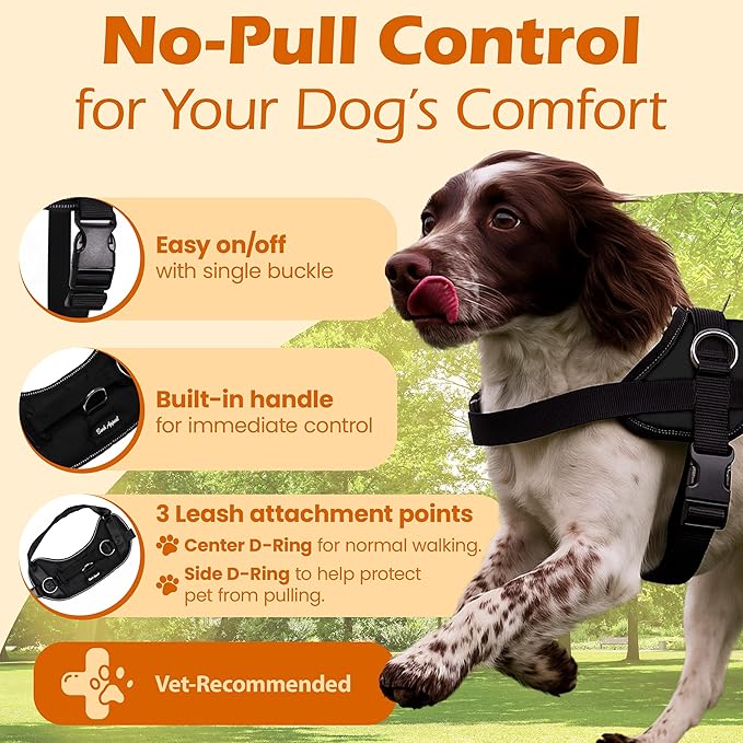 Bark Appeal Black No-Pull Dog Harness for Small to Medium Sized Pets – Adjustable, Reflective Vest with 3 Leash Clips for Added Control, Easy Walks & Training – Medium