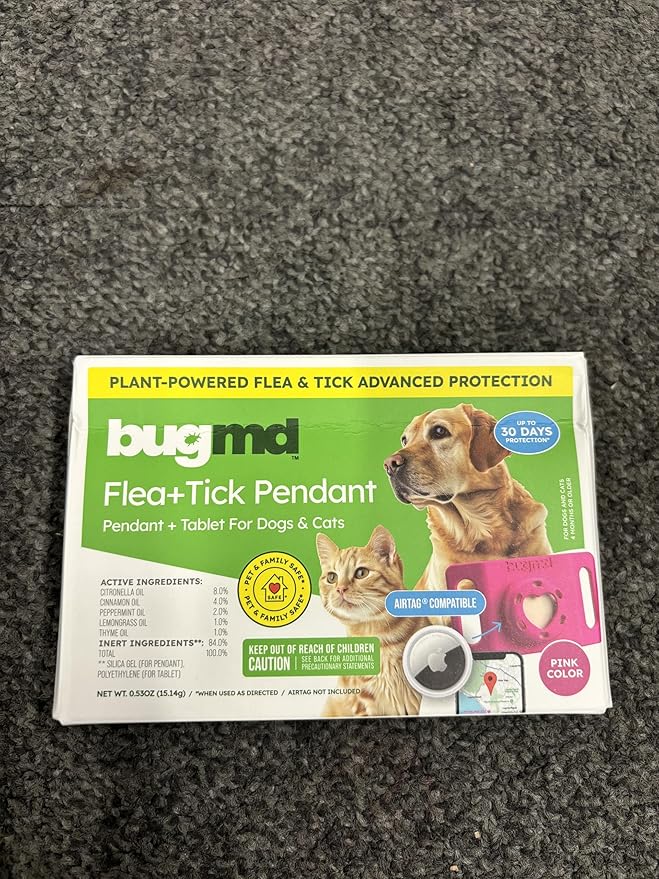 BugMD Paw Guardian Flea & Tick Pendant (2-Pack) with AirTag Holder – Plant-Based Flea & Tick Prevention for Dogs – Pet Collar Tag & GPS Tracker Holder for Dogs – Pink
