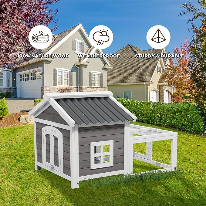 Chicken Coop Wooden Indoor and Outdoor,Hen House Poultry Pet Hutch with 2 Zone,Waterproof roof,Windows and Ventilation Door for Small Animals Habitat