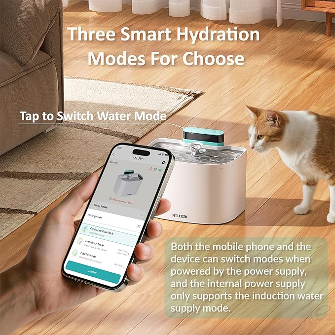 PET LAYSON Pumpless Cat Water Fountain,App Remote Control Smart Cordless Battery Operated 3.6L/122oz Wireless 2.4GHz Wi-Fi Networks Rechargeable Water Dispenser (White, M1Pro-16 Filter)