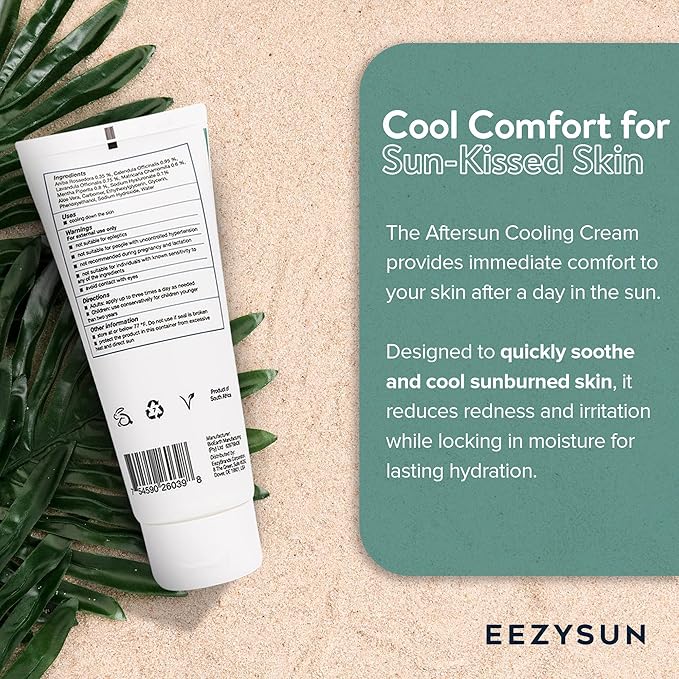 AfterSun Cooling Cream - Vegan After Sun Lotion with Aloe Vera, Tea Tree Oil, Chamomile - Soothes, Hydrates Sunburn - Outdoor, Vacation, Beach Essentials, After Sun Skin Care - 3.3 fl oz