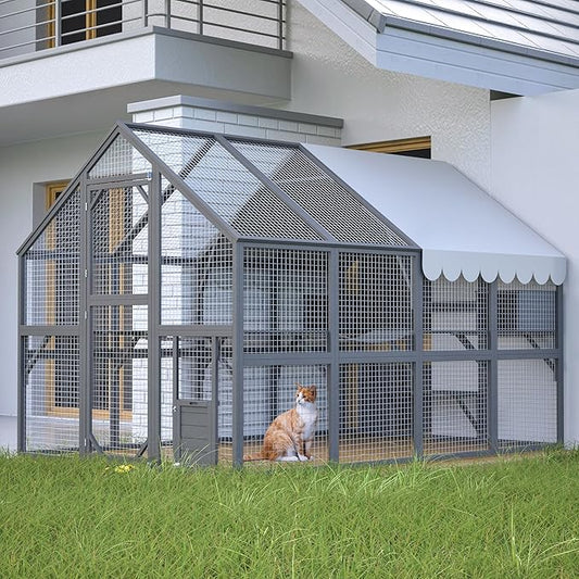 110" Wide Catio Enclosure,Wooden Outdoor Cat Catio - XL Walk-in w/60 Human Door, 2 Suspension Bridges & 5 Platforms | Weatherproof Oxford Roof & Safety Latches,(Gray)