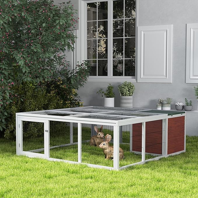 PawHut 64" Outdoor Rabbit Hutch Playpen, Wooden Tortoise House Habitat, Bunny Cage with Run and Enclosed Cover Indoor