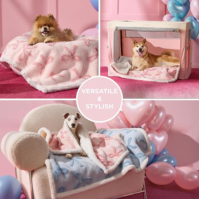 LE SURE Waterproof Puppy Blanket for Medium Dogs - Washable Double Sided Dog Blankets with Warm Jacquard Shag and Soft Sherpa Fleece, Pet Cat Blanket for Couch Protection, Bow Design，Pink Taffy