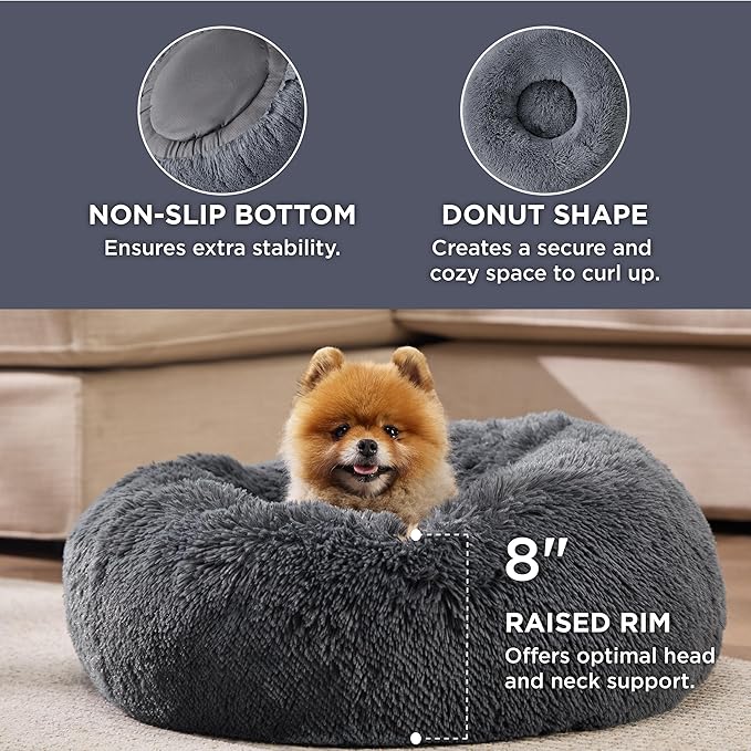 Bedsure Calming Dog Bed for Small Medium Dogs - Donut Washable Medium Pet Bed, 27 inches Anti-Slip Round Fluffy Plush Faux Fur Cat Bed, Dark Grey