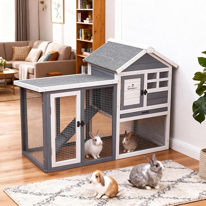 GEGURI Large Rabbit Hutch Indoor Outdoor Chicken Coop Wooden Bunny Cage with Waterproof Roof (48''L x 24''W x 36''H Grey)