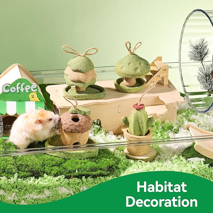 Guinea Pig Chew Toys, Prevent Teeth Overgrowth - 11oz Hamster Toys, Natural Vegetables & Timothy Grass, Cute Mushroom & Tree Shaped Habitat Decoration, Small Animal Chew Toys