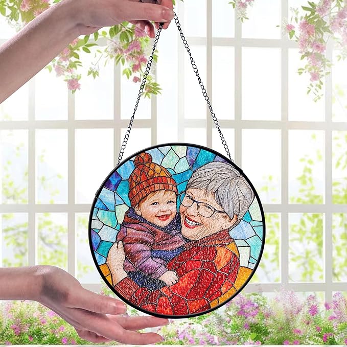 LOVELYPOD Custom Grandma and Grandkids Faux Stained Glass Sun Catcher, Personalized Family Portrait Window Hanging, Gifts for Grandma, Mom Photo Gifts, Custom