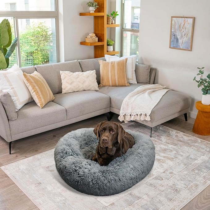 Best Friends by Sheri The Original Calming Donut Dog Bed – Washable Plush Pet Bed for Large Breeds up to 100 lbs, Shag Faux Fur, Gray, Large (36" x 36")