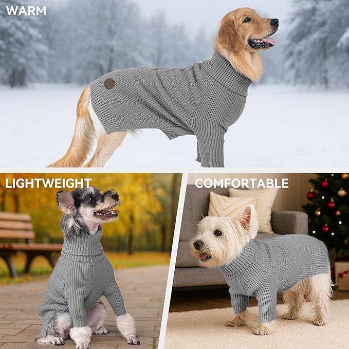 cyeollo Dog Sweater Turtleneck Knitted Sweaters with Long Sleeves Soft Knitwear Warm Dog Clothes for Medium Dogs, Grey XXL
