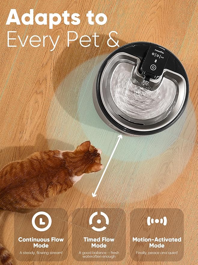 FUKUMARU Wireless Cat Water Fountain, 2025 Upgraded 152oz/4.5L Stainless Steel Battery Operated Dog Water Dispenser, Cordless Automatic Pet Fountain with 3 Modes, Hydrate for up to 15 Days
