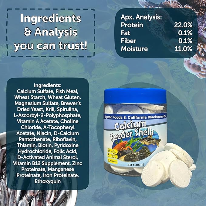 Aquatic Foods Inc. Calcium Feeding Shells, Small & Medium for Shrimp, Snails, Crabs, Crayfish, Plecos, Catfish, All Tropical Fish, 4-Type Wafer & 12-Type Pellet Mix Included 150 Count Canister
