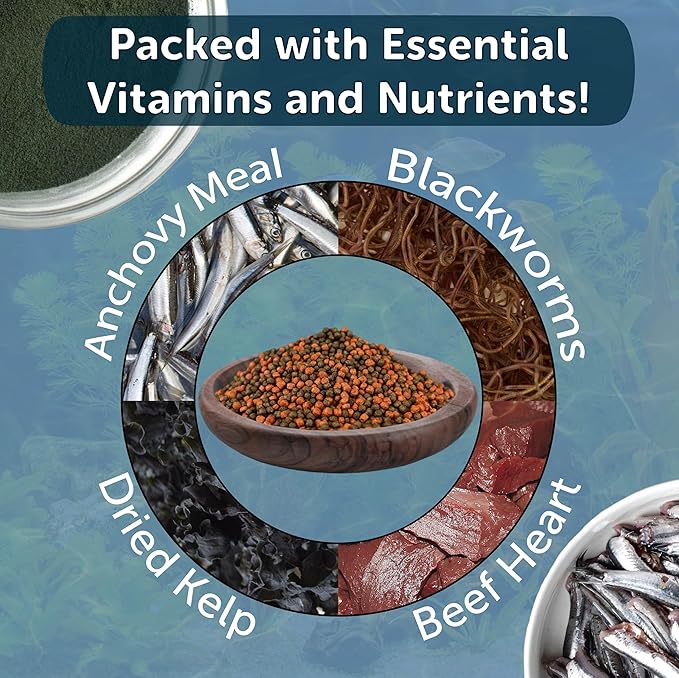 Aquatic Foods Inc. 1mm -1/32" California Blackworm & Beef Heart Floating Pellets for Marines, Cichlids, Tropical Fish, Koi & Pond Fish, 4-Type Wafer & 12-Type Pellet Mix Included 7.75oz Canister