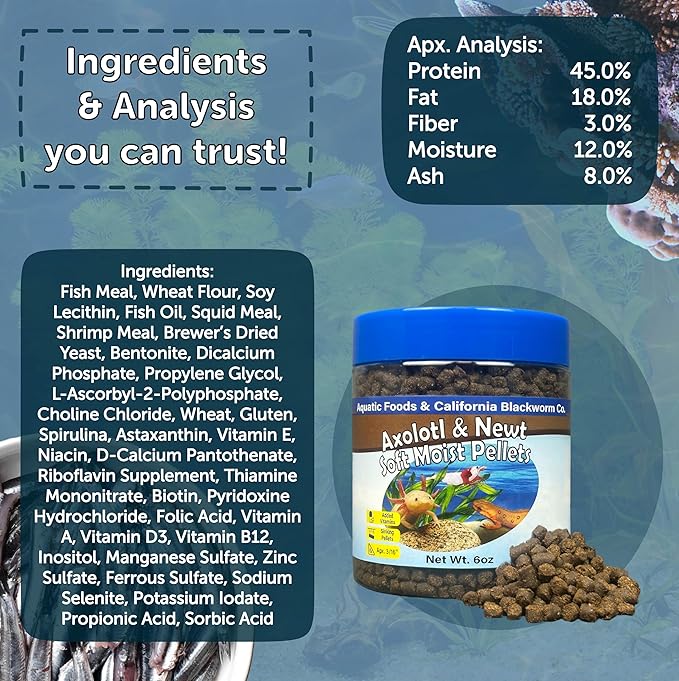 Aquatic Foods Inc. Axolotl Pellet Food 3/16" Soft Moist Sinking Pellets for Juvenile Axolotl Also Shrimp, Snails, Crayfish, Bottom Tropical Fish, Blackworm Pellets Included 1-lb 7oz Canister