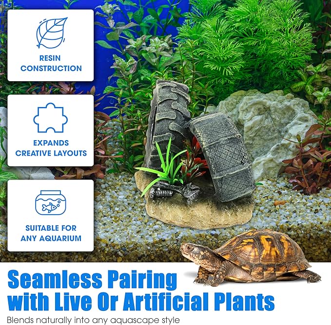 Aquarium Resin Decorations, Tree House Ornament-Tire Scene, Aquarium Decor for Glofish, Betta Accessories, Turtle Hideouts, Aquarium Plants, Ornaments & Fish Tank Accessories (Tire landscape)