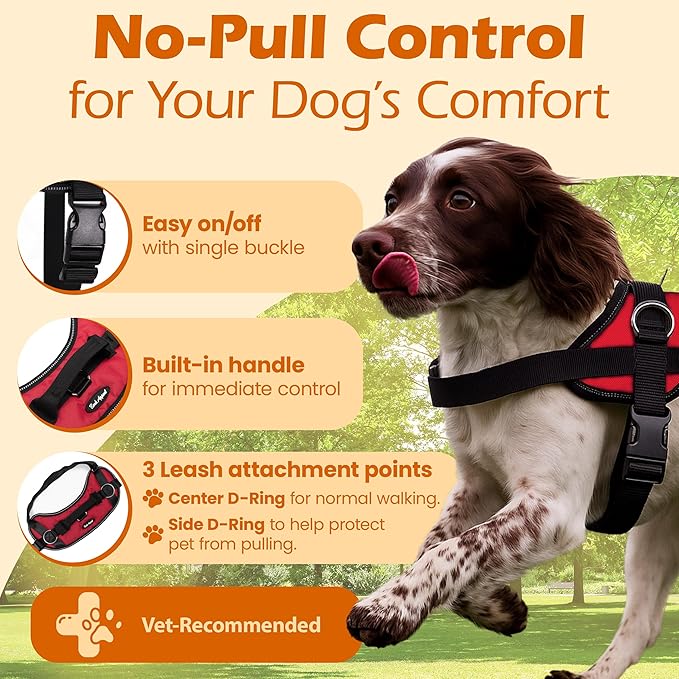 Bark Appeal Red No-Pull Dog Harness for Large to Extra Large Sized Pets – Adjustable, Reflective Vest with 3 Leash Clips for Added Control, Easy Walks & Training – XL