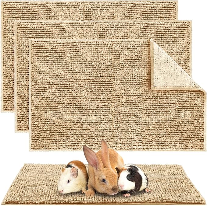 Amylove 4 Pcs Guinea Pig Cage Liner Guinea Pig Bedding Dog Door Mat for Muddy Pet Paws Washable Chenille Pee Pads Small Animal Sleeping Bed for Bunny Hamster(16 x 24 Inch,Square,Beige)