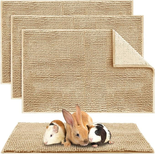 Amylove 4 Pcs Guinea Pig Cage Liner Guinea Pig Bedding Dog Door Mat for Muddy Pet Paws Washable Chenille Pee Pads Small Animal Sleeping Bed for Bunny Hamster(16 x 24 Inch,Square,Beige)