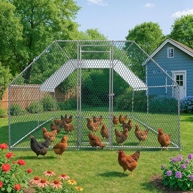 VINGLI Chicken Coop, 13.1x9.8x6.5 ft Large Metal Poultry Cage for Chicken Run, Walk-in Chicken Pen with Waterproof & Anti-UV Cover for Yard Outdoor (Silver-Flat Roof)